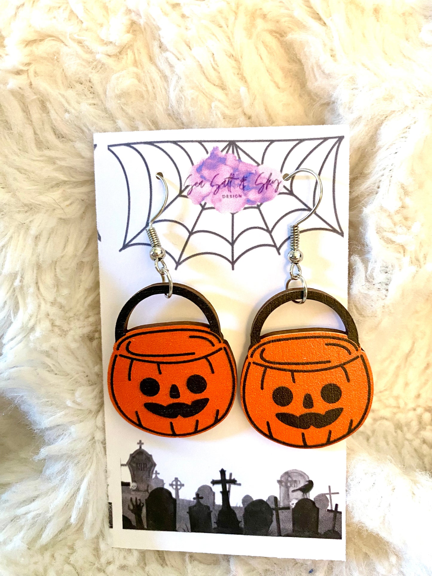 Wooden pumpkin bucket earrings