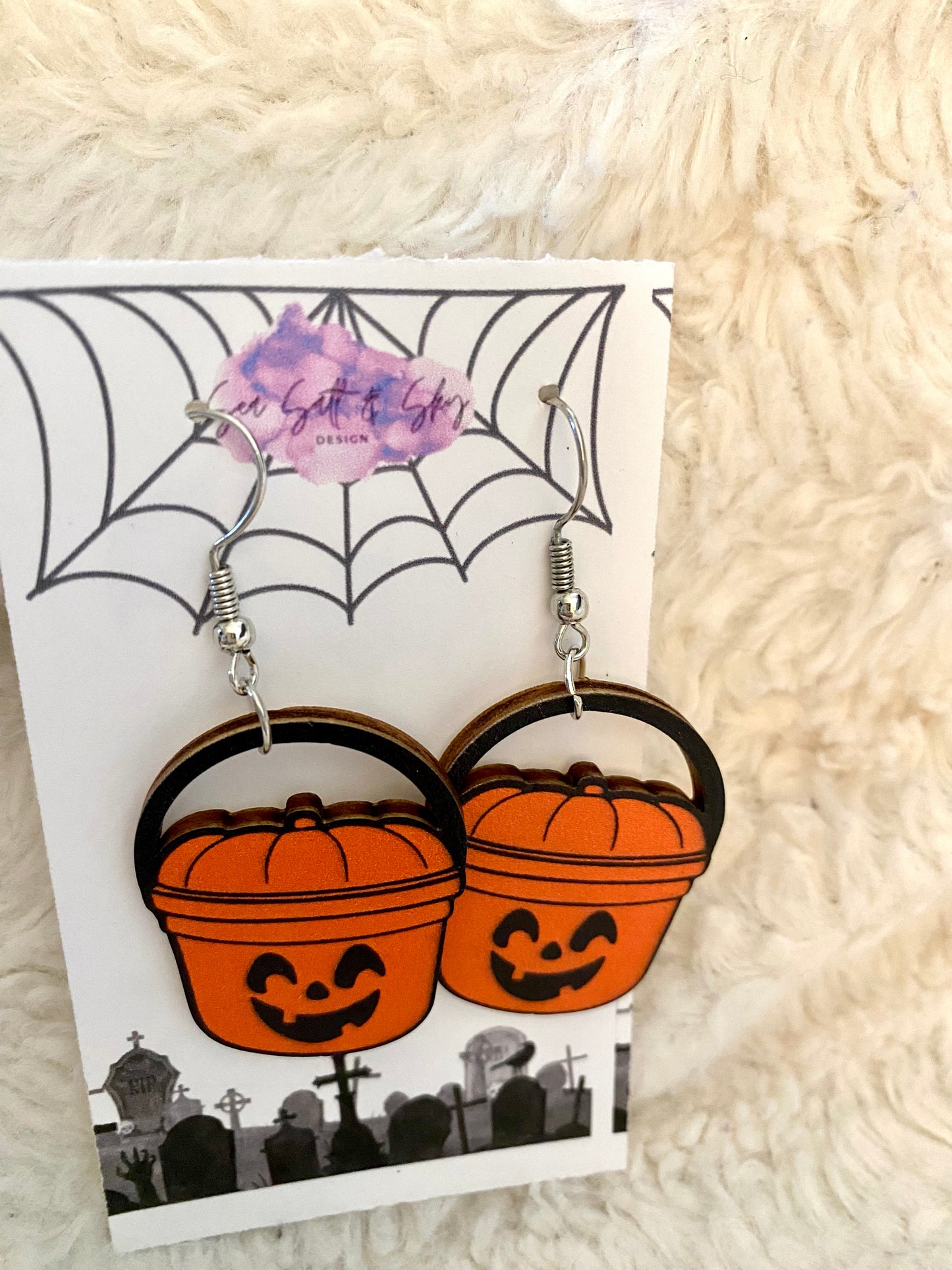 Wooden pumpkin bucket earrings