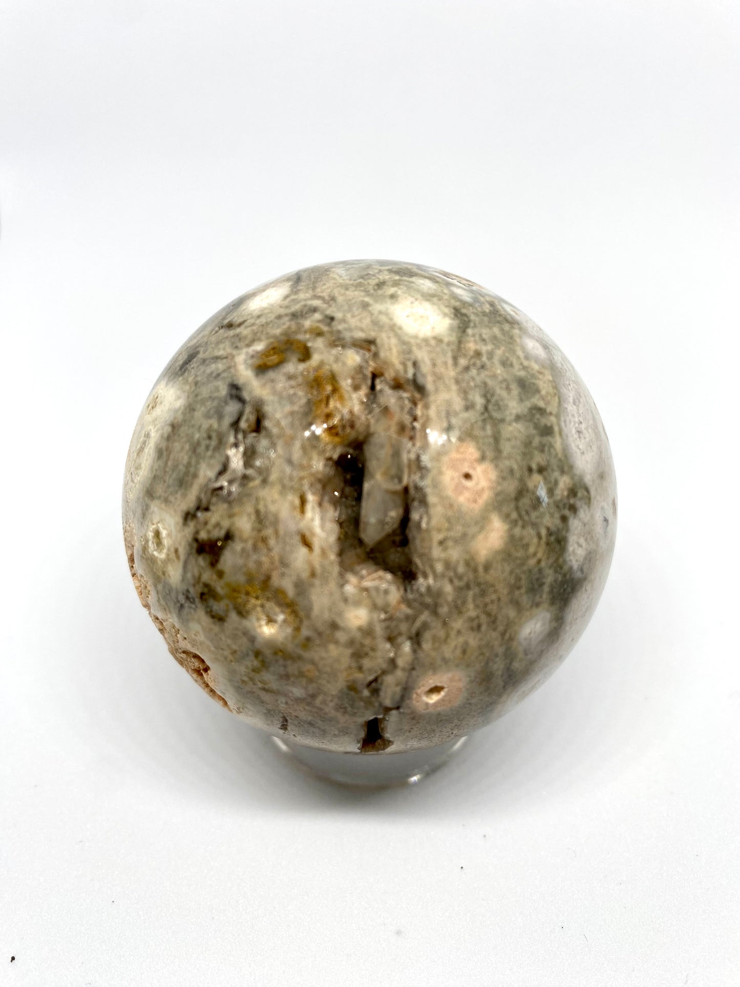 Ocean Jasper sphere with quartz point inclusion