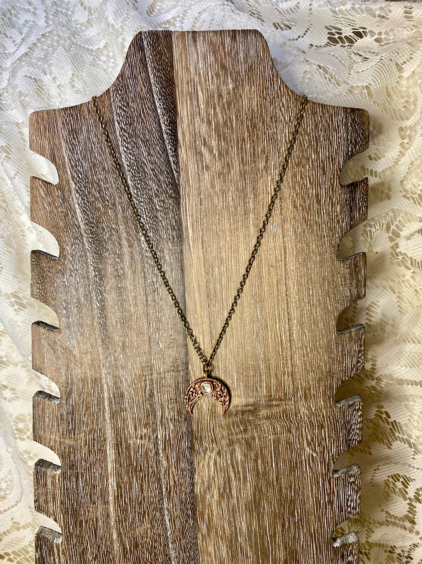 Copper crescent moon and moonstone necklace