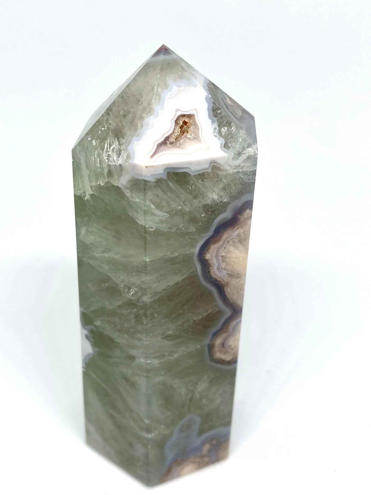 Green flower agate and amethyst tower