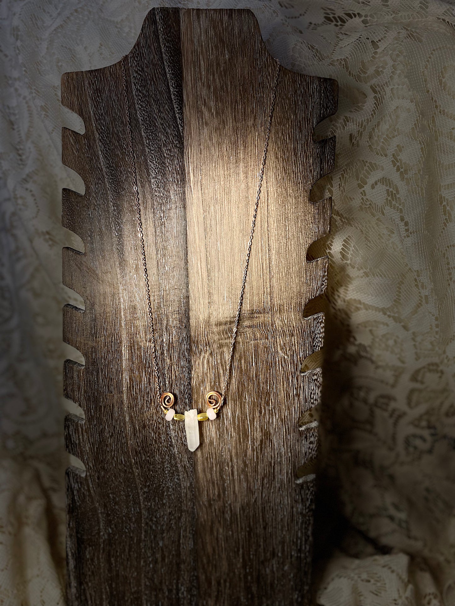 Handmade quartz point necklace with rose quartz