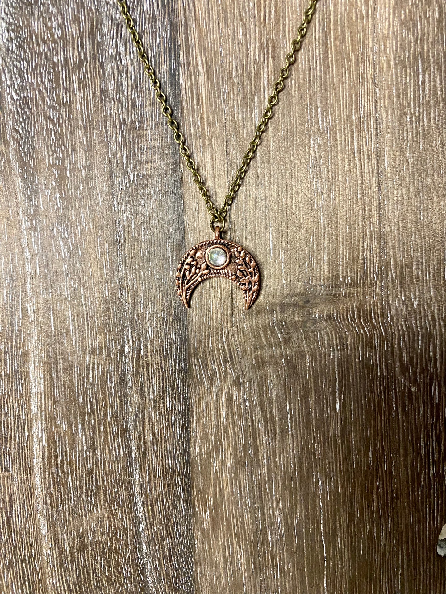 Copper crescent moon and moonstone necklace