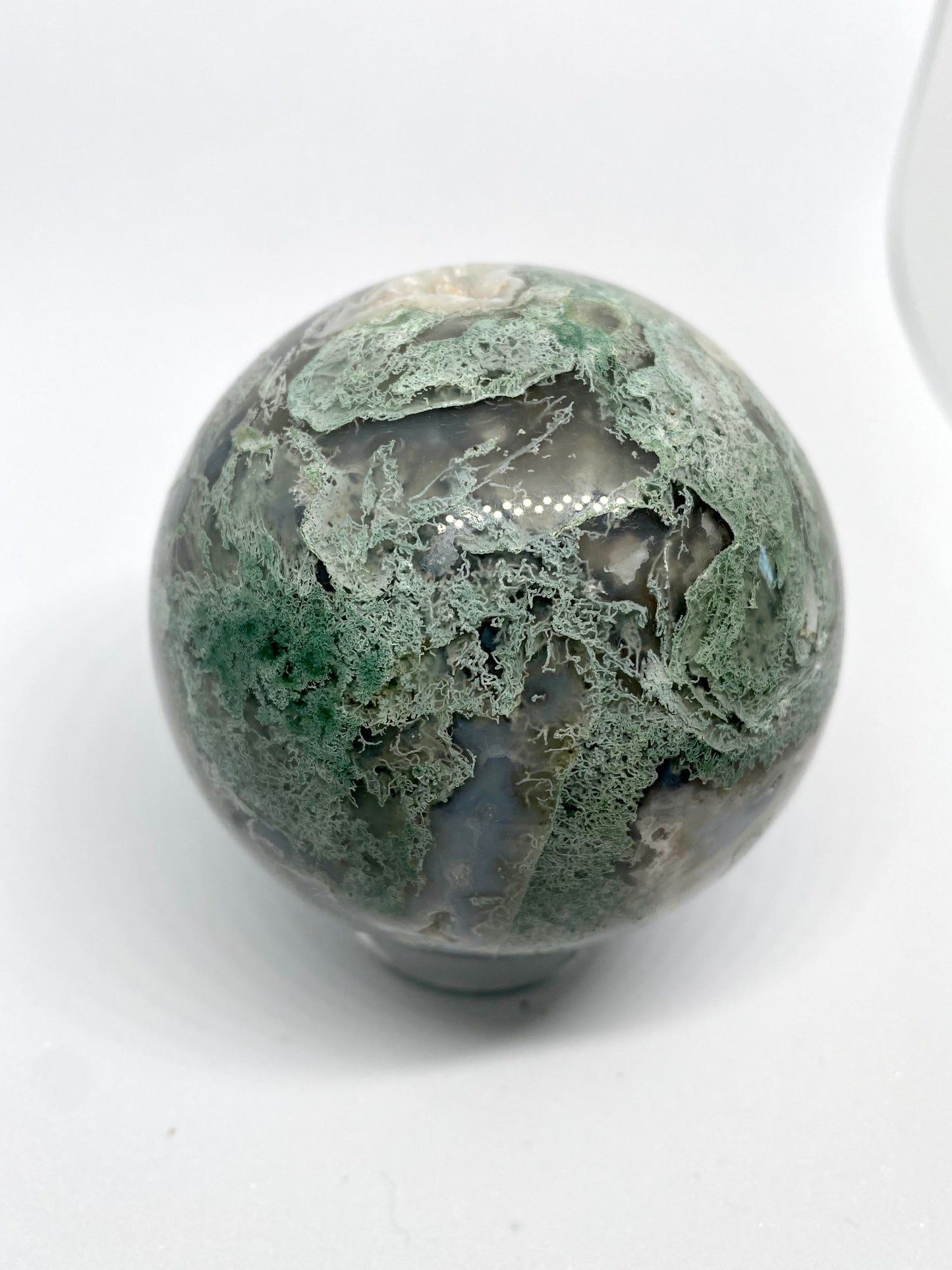 Moss agate sphere with druzy