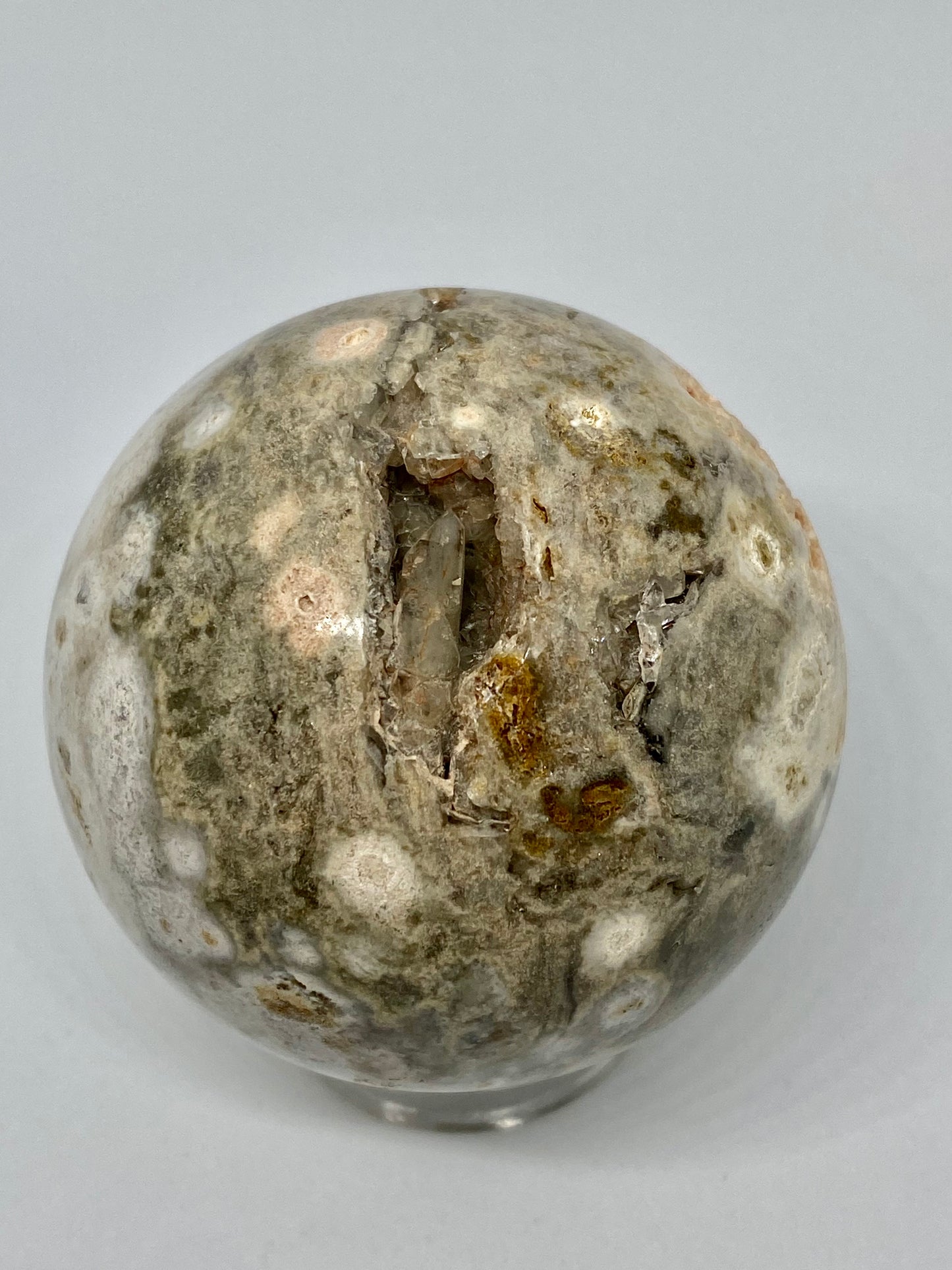 Ocean Jasper sphere with quartz point inclusion