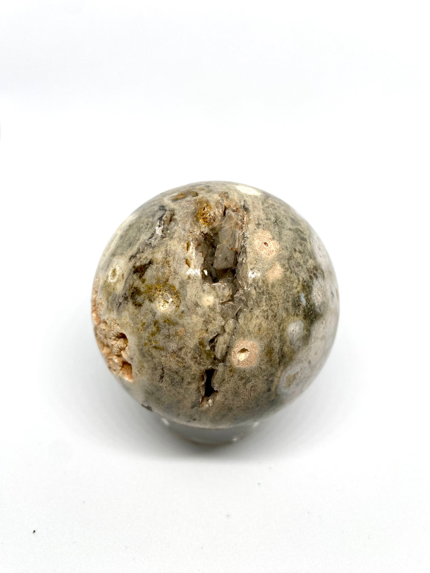 Ocean Jasper sphere with quartz point inclusion